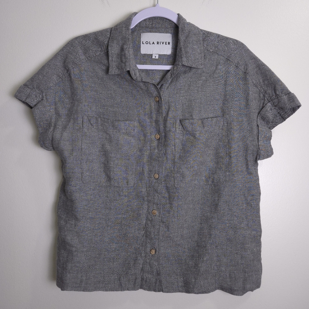 LOLA RIVER Linen Blend Minimalist Grey‎ Short Sleeve Blouse Top S